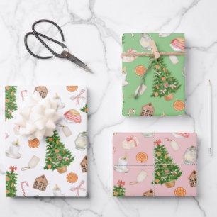 Watercolor Tree gifts candy Cane Christmas Pattern Wrapping Paper Sheet