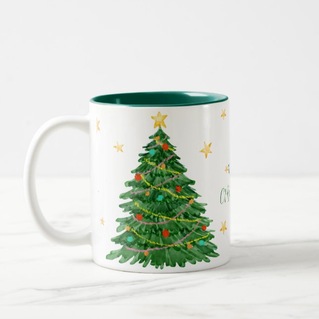 Watercolor Tree Merry Christmas  Mug (Left)