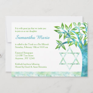 Watercolor Tree of Life Teal Green Bat Mitzvah Invitation