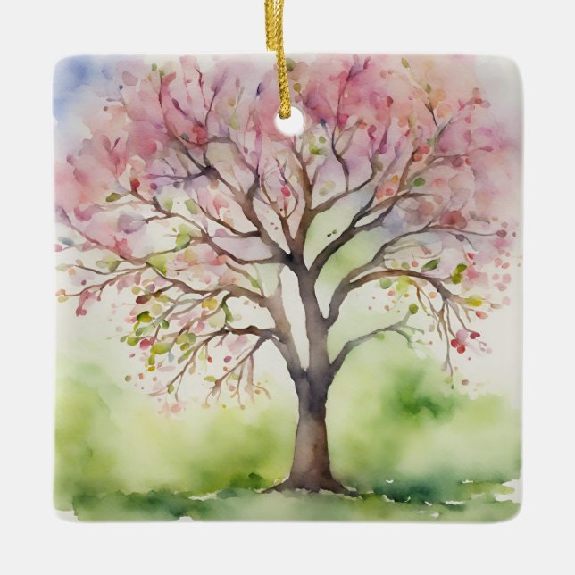 Watercolor Tree Painting Ceramic Ornament (Front)