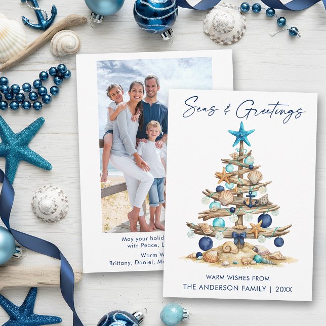 Watercolor Tree Seas and Greetings Photo Beach Holiday Card (Customize to change your personalized text size or text style.)