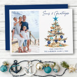 Watercolor Tree Seas and Greetings Photo Beach Holiday Card<br><div class="desc">Modern Minimalist Elegance Calligraphy Ink Pen Handwritten Script Seas & Greetings Coastal Holiday Card includes a Watercolor Christmas Tree make of beach ocean driftwood,  seashells,  sand dollars,  nautical anchor ornament and topped with a starfish. Navy Blue Text. Photo Front.</div>