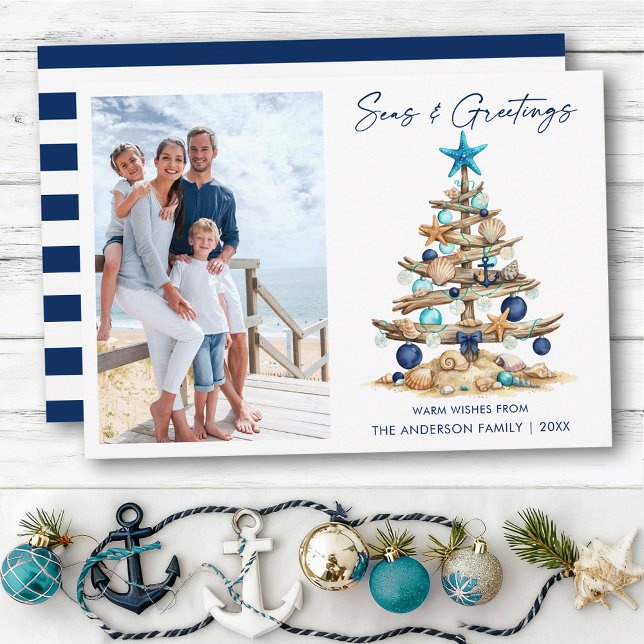 Watercolor Tree Seas and Greetings Photo Striped Holiday Card (Customize to change your personalized text size or text style.)