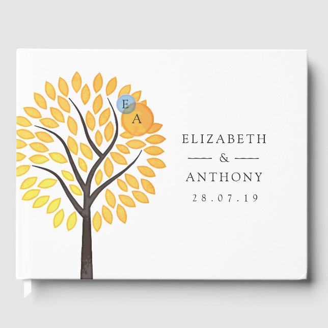 Watercolor Tree Water Drops Monogram Wedding Guest Book (Front)