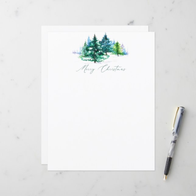 Watercolor trees Christmas stationery (Front/Back In Situ)
