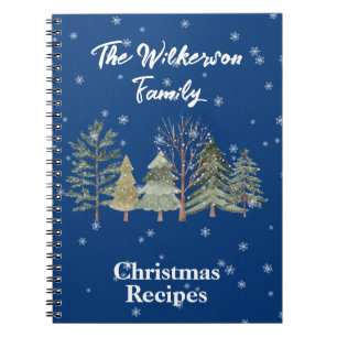 Watercolor Trees in a Snowy Winter Forest on Blue Notebook