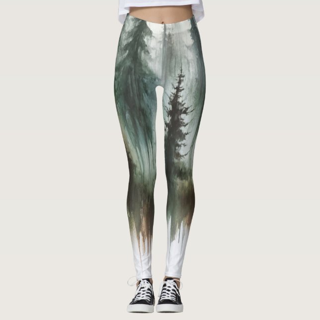 Watercolor Trees Rustic Wilderness  Leggings (Front)