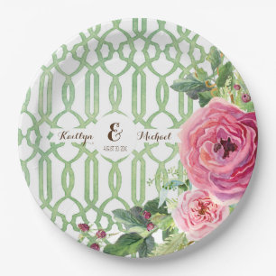 Watercolor Trellis Floral Rose Peony Bridal Shower Paper Plate