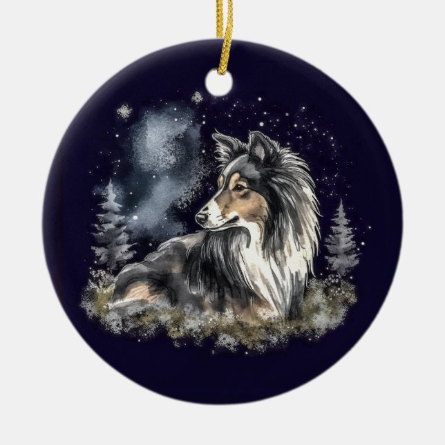 Watercolor Tricolor Sheltie Christmas Ceramic Ornament (Front)