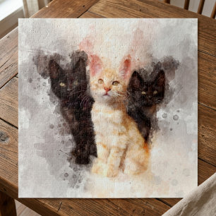 Watercolor Trio of Cute Black and Orange Kittens Jigsaw Puzzle