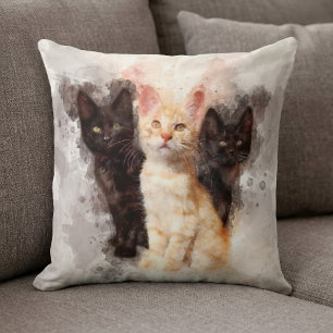 Watercolor Trio of Cute Black and Orange Kittens Throw Pillow