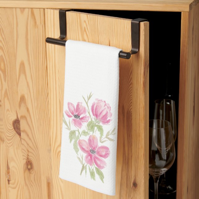 Watercolor Triple Pink Blooms Kitchen Towel (Thirds Fold)