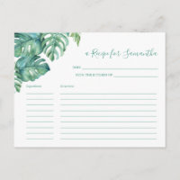 Watercolor Tropica Monstera Palm Leaf Recipe Card
