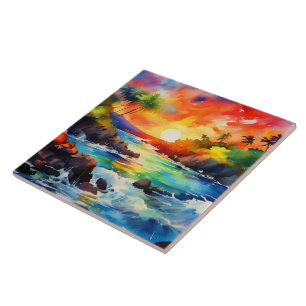 Watercolor tropical art tile