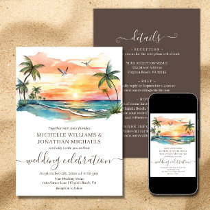 Watercolor Tropical Beach All in One Wedding Invitation