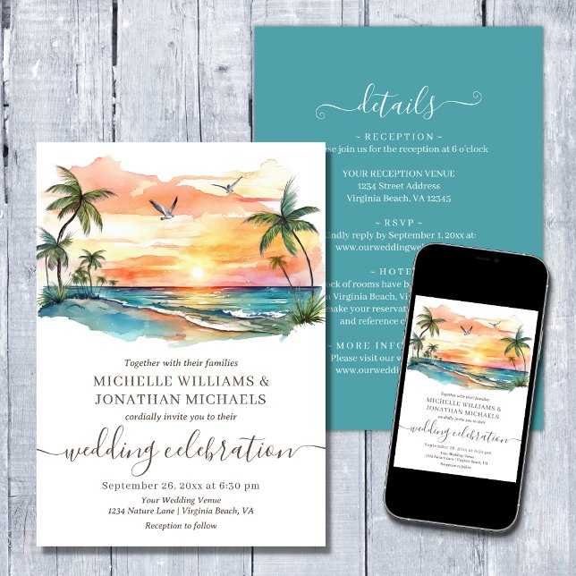 Watercolor Tropical Beach All in One Wedding Invitation (Printed (Front and Back) and Digital - Tropical Beach Palm Trees All in One Wedding Invitation)