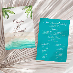 Watercolor Tropical Beach and Palm Trees Wedding Program