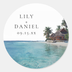 Watercolor Tropical Beach Destination Wedding Classic Round Sticker