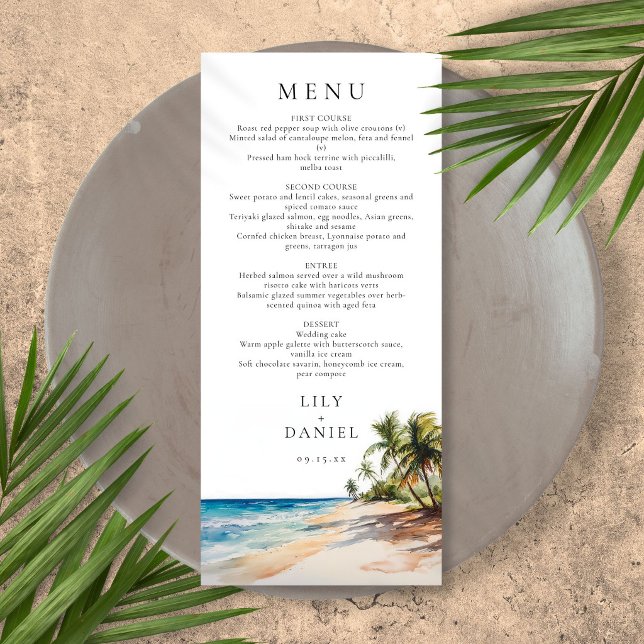 Watercolor Tropical Beach Destination Wedding Menu (Watercolor Tropical Beach Destination Wedding Menu)