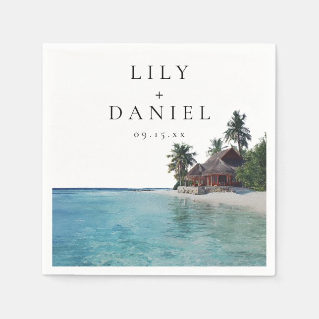 Watercolor Tropical Beach Destination Wedding Napkin (Front)