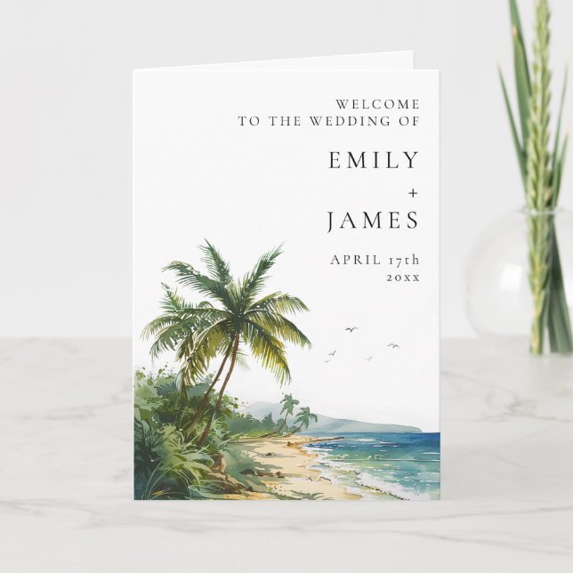 Watercolor Tropical Beach Elegant Wedding Program (Front)