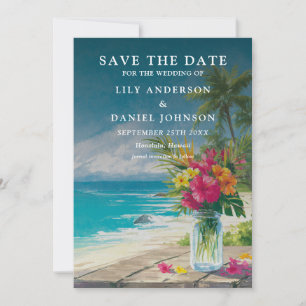 Watercolor Tropical Beach Floral Mason Jar Wedding Save The Date