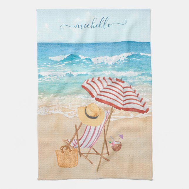 Watercolor Tropical Beach  Kitchen Towel (Vertical)