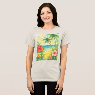 Watercolor Tropical Beach Landscape Palms Tri-Blend Shirt