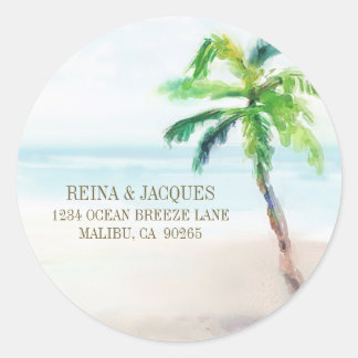 Watercolor Tropical Beach Palm Tree Return Address Classic Round Sticker