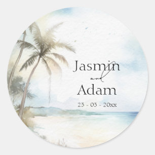Watercolor Tropical Beach Palm Tree Wedding Classic Round Sticker