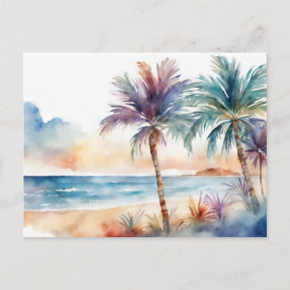 Watercolor Tropical Beach, Palm Trees Postcard