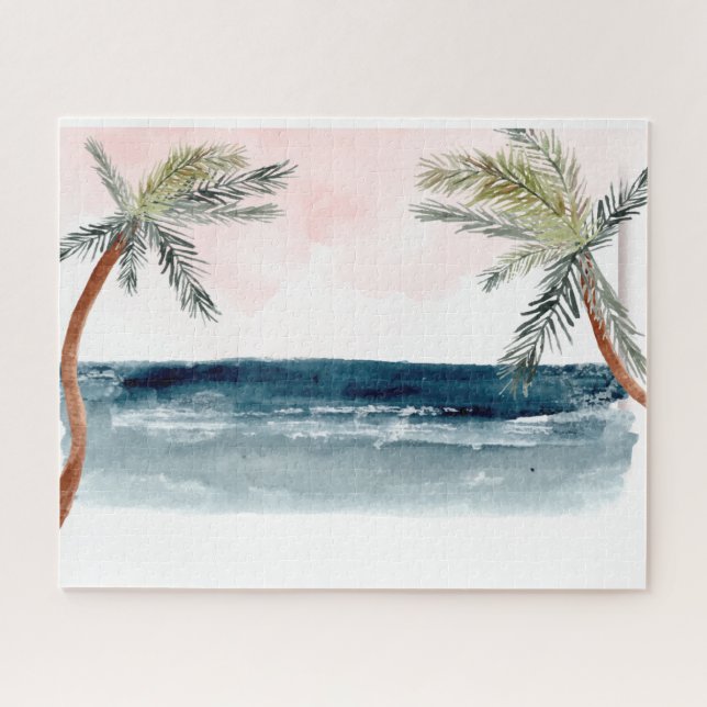 Watercolor Tropical Beach Palms Relax Jigsaw Puzzle (Horizontal)
