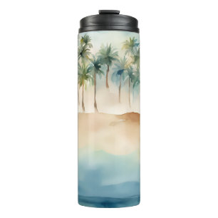 Watercolor Tropical Beach Scene Palms Sand Ocean Thermal Tumbler
