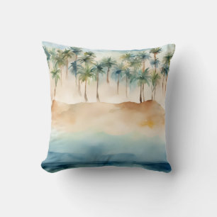 Watercolor Tropical Beach Scene Palms Sand Ocean Throw Pillow