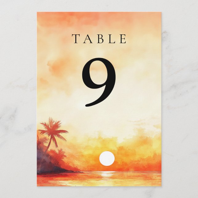 Watercolor Tropical Beach Sunset Table Number (Front)