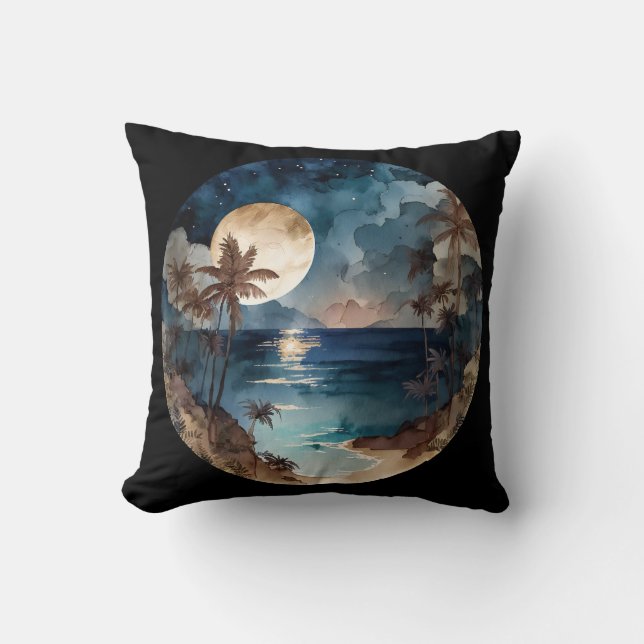 Watercolor Tropical Beach Sunset Throw Pillow (Front)