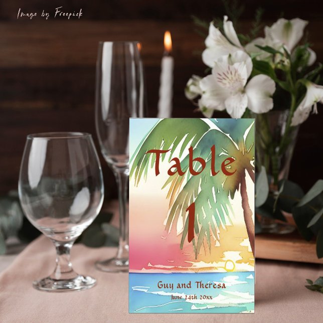 Watercolor Tropical Beach Wedding Table Number (Creator Uploaded)