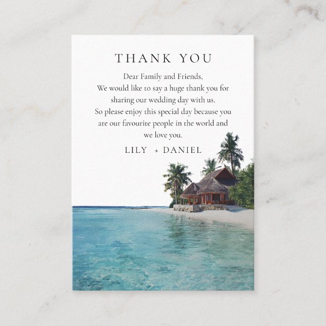 Watercolor Tropical Beach Wedding Thank You Place Card (Front)