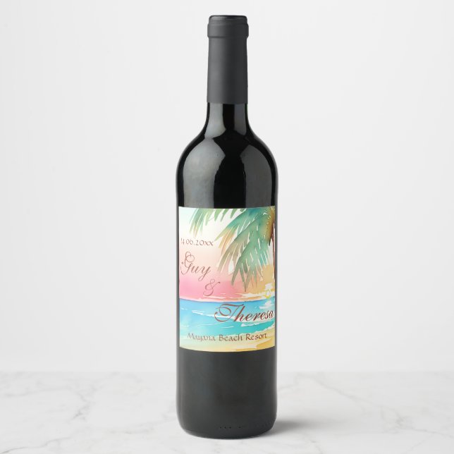 Watercolor Tropical Beach Wedding Wine Label (Front)
