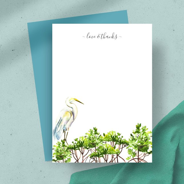 Watercolor Tropical Bird Personalized Stationery Card (Thank you card features tropical watercolor art by Victoria Grigaliunas great white heron mangroves)
