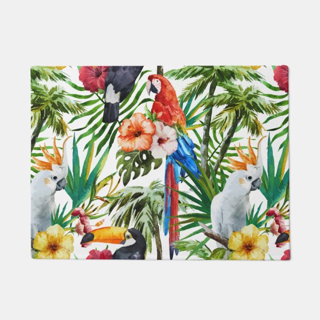 Watercolor tropical birds and foliage pattern doormat (Front)