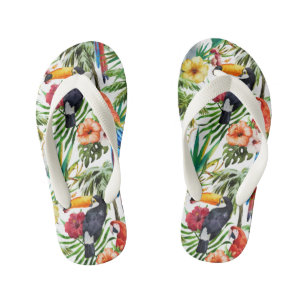 Watercolor tropical birds and foliage pattern kid's flip flops