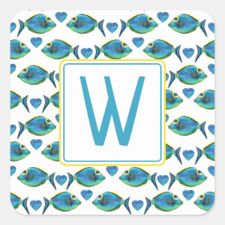 Watercolor Tropical Blue Fish and Hearts Monogram Square Sticker