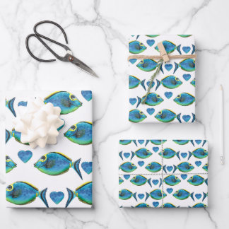 Watercolor Tropical Blue Fish and Hearts Wrapping Paper Sheet