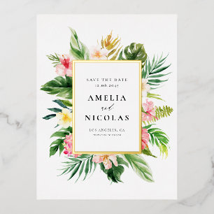 Watercolor Tropical Botanical Frame Save the Date Foil Invitation Postcard