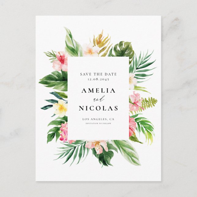 Watercolor Tropical Botanical Frame Save the Date Postcard (Front)