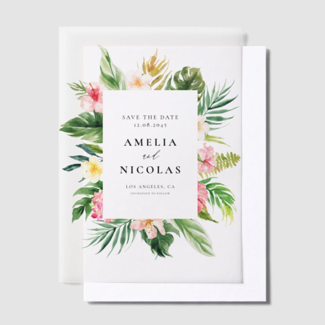 Watercolor Tropical Botanical Frame Save the Date  Vellum Invitations (Offset)