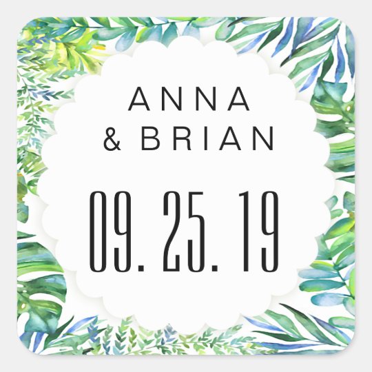 Watercolor Tropical Botanical Leaves Wedding Square Sticker