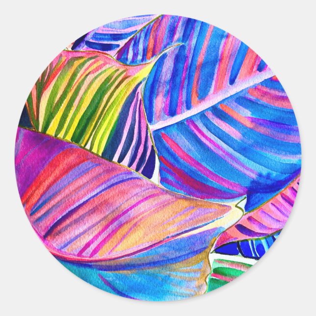 Watercolor tropical canna leaves classic round sticker (Front)