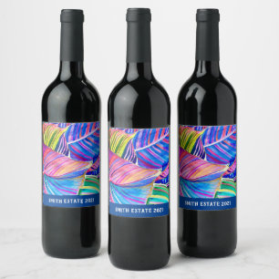 Watercolor tropical canna leaves wine label